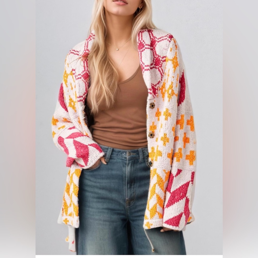 Women Boho Cardigan Sweaters Button Down Shawl Collar Oversized Sweater SzLg NWT